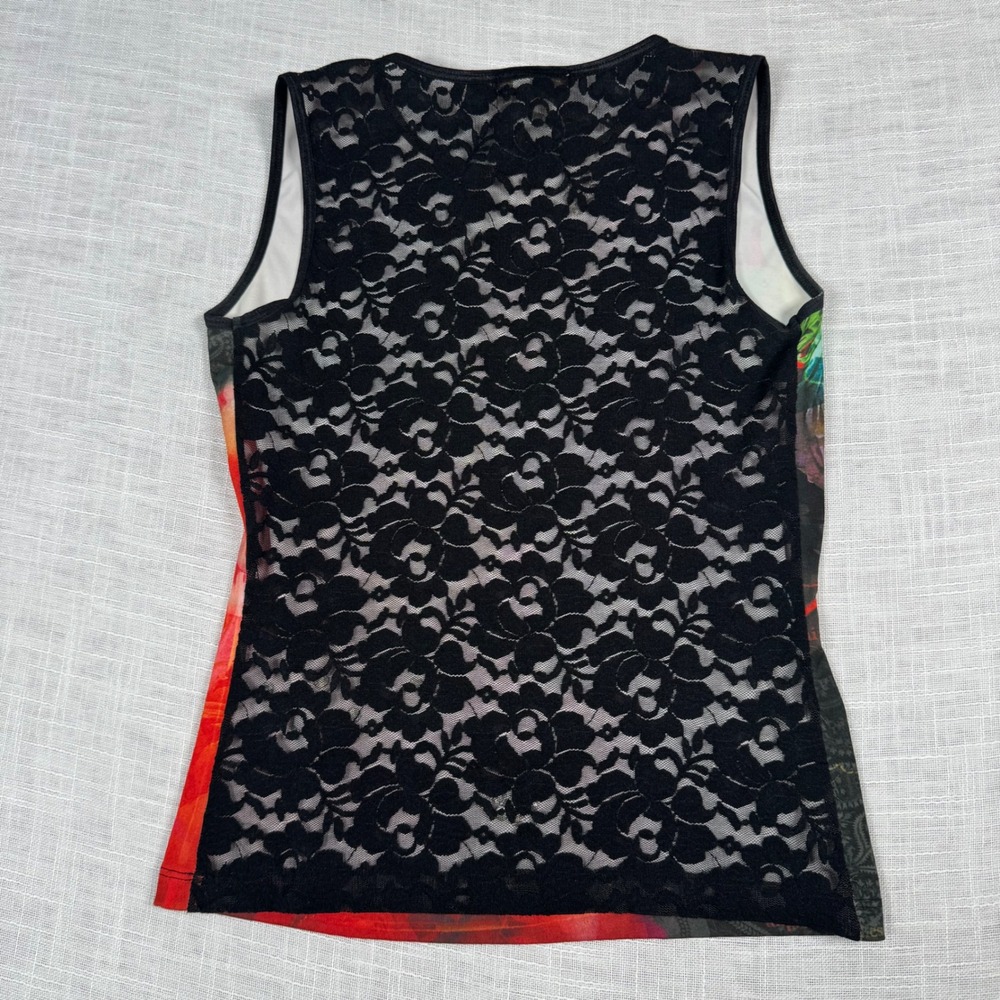 VTG Y2K Brenda's M Black Red Lace Abstract Print Tank Top Phoebe Rhinestone Goth - Picture 5 of 10